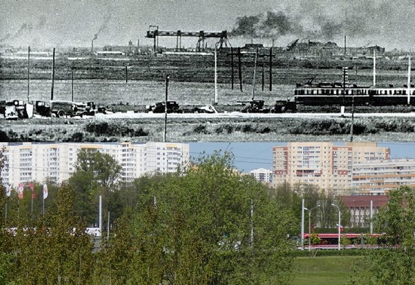 Вид на Петергофское шоссе. Вверху - немецкое фото 1941 г, внизу – современный вид.