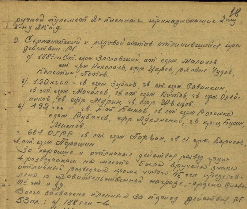 Доклад о деятельности разведподразделений 63 Гвардейской стрелковой дивизии