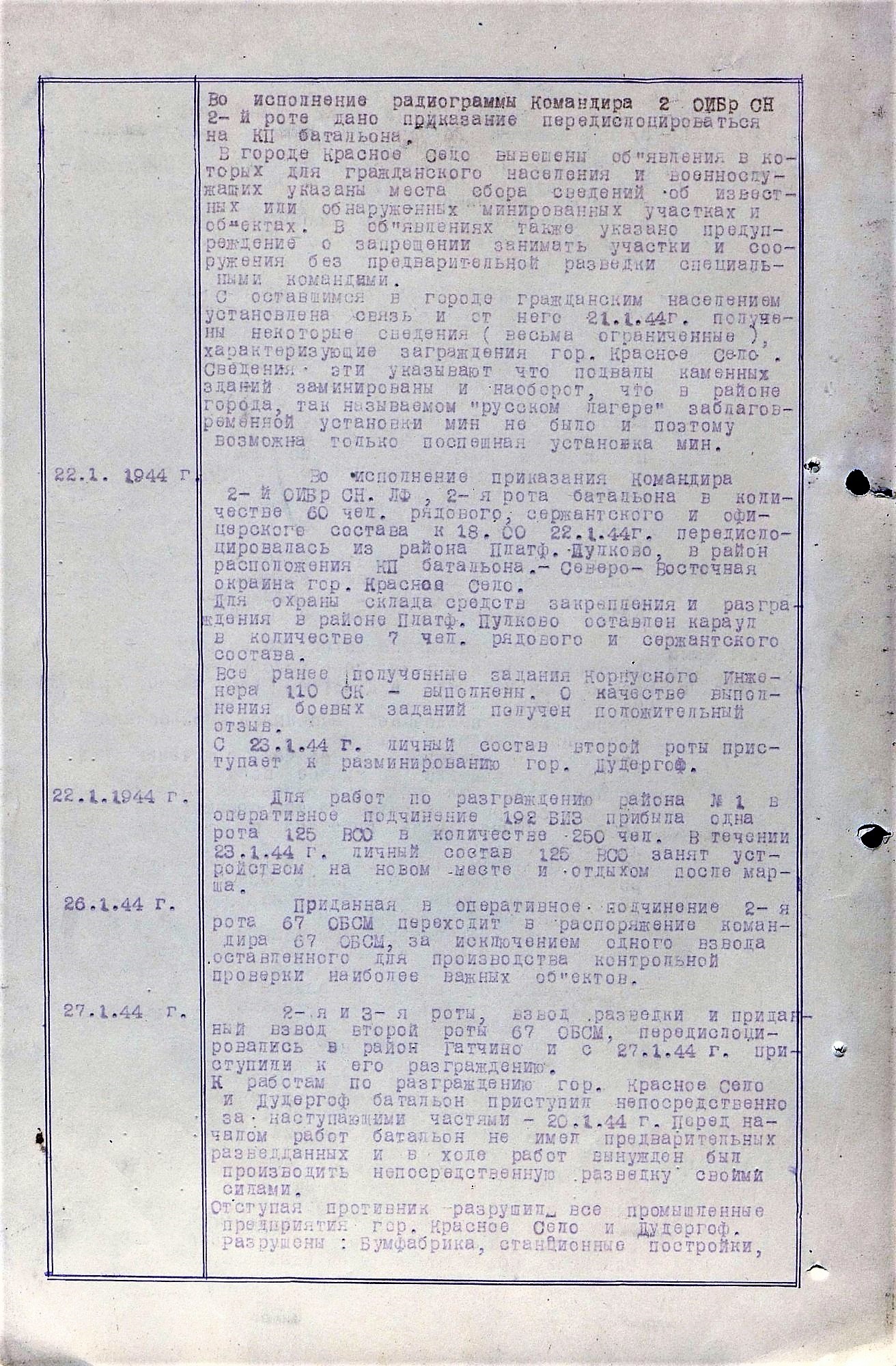 Выдержки из ЖБД 192 отдельного моторизованного инженерного батальона о разминировании района Красного Села